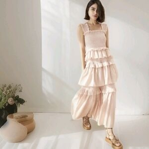 Loeffler Randall Chichi Tiered Maxi Dress Ruffled Shirred Pink $395 NEW Size S